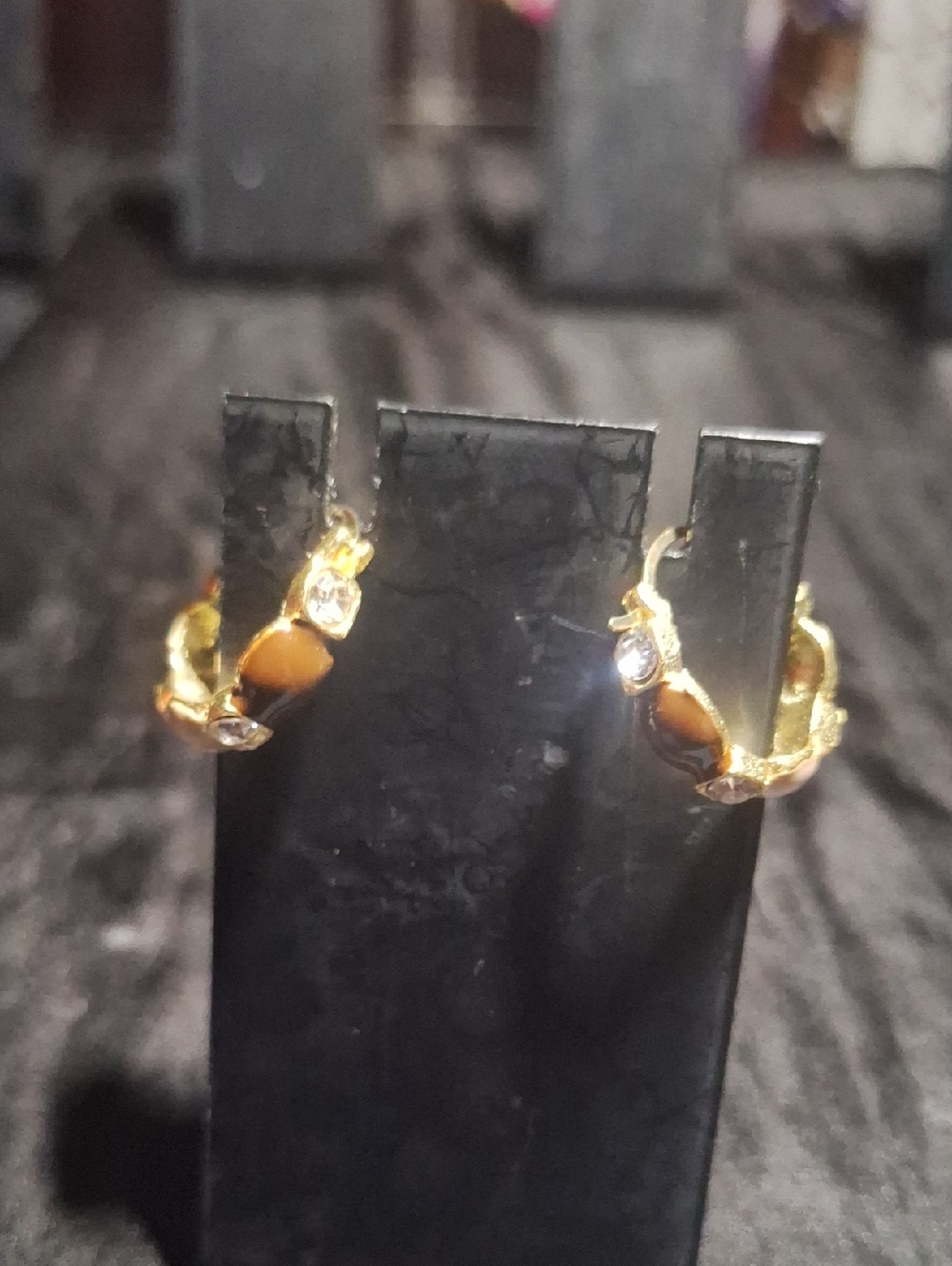 Gold-Tone Brown Stone Hoop Earrings with Clear Crystal Accents